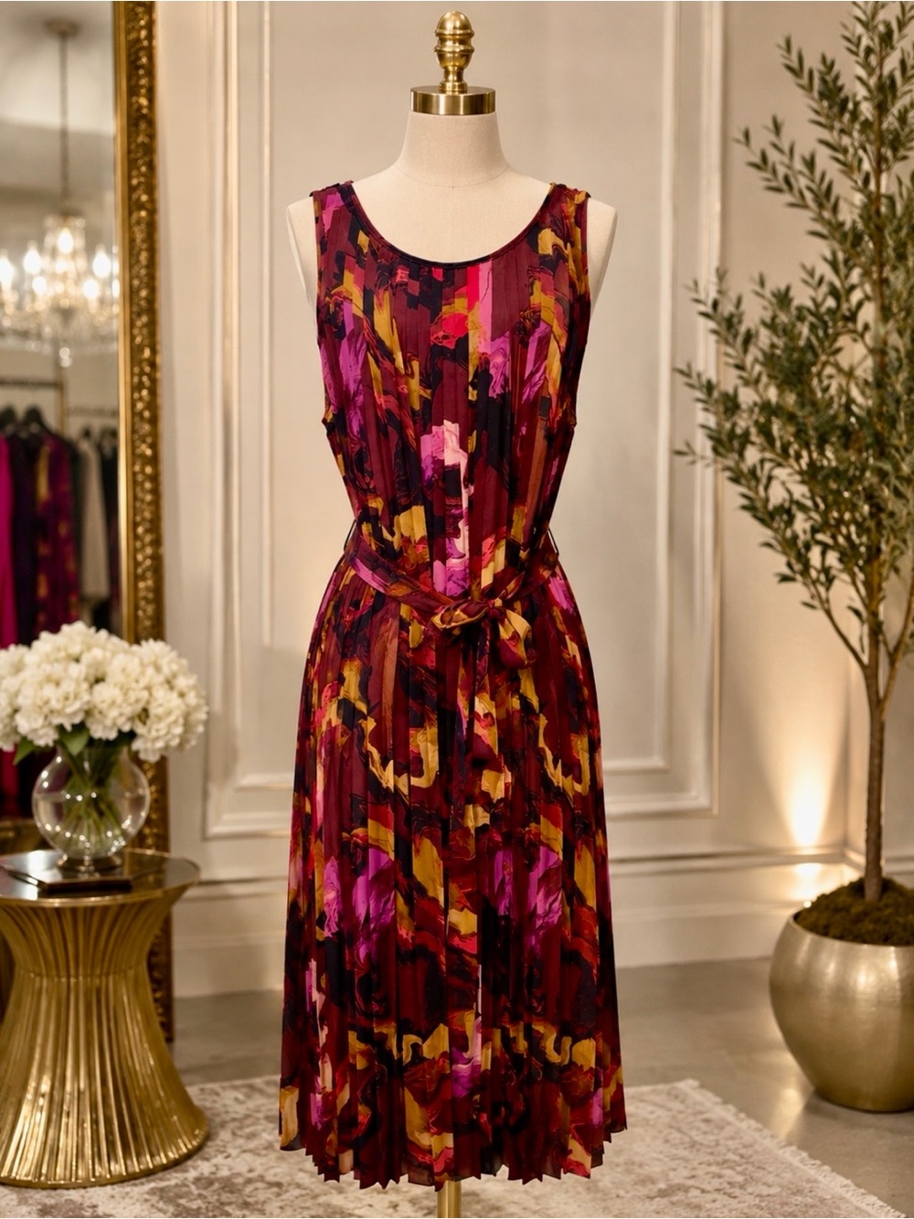 Nine West Sleeveless Abstract Midi Dress in Magenta, Gold & Black
